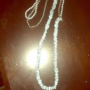 Double the fun in one necklace, pale blue beads,